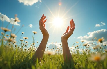 Hands reaching sunlight in green grass, daisies under blue sky. Sun rays shine on blooming flowers. Touching sun, nature, freedom, energy, growth, summer, hope.