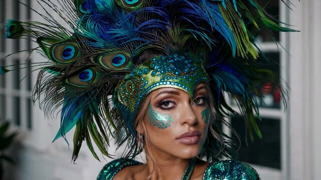 The peacock goddess presents a stunning exhibition of iridescent peacock feathers in a resplendent spectacle