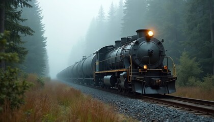 Fototapeta premium Freight train rolls through foggy forest. Locomotive transports cargo along railway tracks. Heavy industry with locomotive, train cars, tank cars. Transportation of petroleum products, fuel, oil in