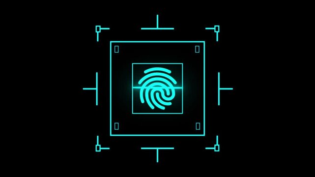 Sci-Fi Fingerprint Scanning Animation with HUD Elements,fingerprint scanner hud icon  animation on black background.Biometric Fingerprint Identification HUD Animation on black background.