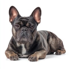 Fototapeta premium Calm Brindle French Bulldog Portrait Cute Canine Friend with Large Ears and Dark Eyes on White
