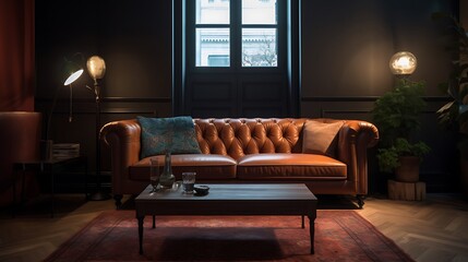 A Cozy Living Room with Leather Sofa and Dark Walls for Relaxation and Comfort