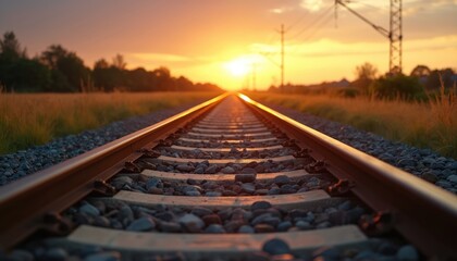 Obraz premium Railway track leads towards sunset. Golden hour, peaceful landscape. Journey, travel concept. Tranquil scenery with horizon, environment. Transportation, travel, adventure.