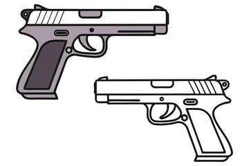 Two stylized handguns, one colored grey and the other outlined in black, rest against white