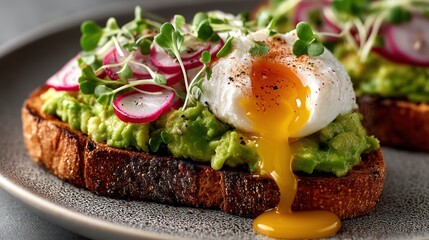 Avocado toast, poached egg, radish, microgreens, breakfast, kitchen counter, food photography, recipe