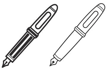 Isolated classic fountain pens feature monochrome and line art styles against a transparent background