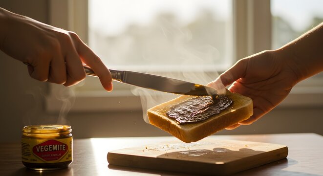 Spreading vegemite on toast with a knife near a jar in a bright kitchen setting