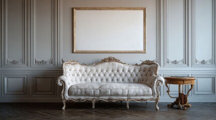 Elegant vintage sofa in luxurious interior with blank canvas frame