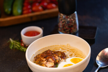 Closeup of ramen soup served at restaurant