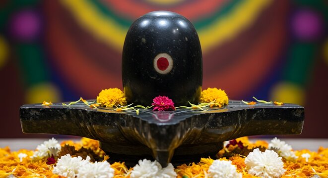 Shiva Lingam with Flowers Offering a Symbol of Hindu Faith