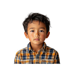 Portrait of a Young Boy with Dark Hair and Brown Eyes Wearing a Plaid Shirt