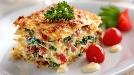Delicious Spinach Lasagna Stack Italian Comfort Food on White Plate.