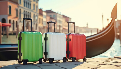 Three suitcases in Italy flag colors standing in Venice with historic buildings in background.
