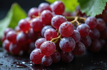Fototapeta premium Ripe red grapes with water drops close-up. Fresh, organic fruit background. Sweet, juicy, natural, healthy diet. Summer refreshment, vegetarian food. Nutrition concept, harvesting season.