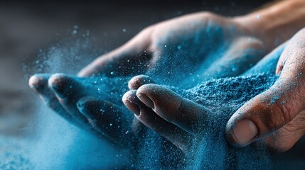 Fototapeta premium Blue powder swirling, hands, dark background, festival