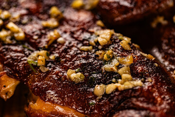 Closeup of roasted grilled whole chicken served at restaurant