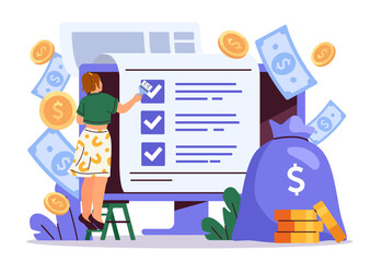 Woman completing financial checklist on large screen, surrounded by coins and bills, flat style on white background. Concept of budgeting and finance. Vector illustration
