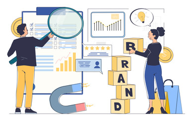 Two business people analyzing charts and building blocks spelling BRAND in a flat graphic style on a white background. Concept of marketing and branding. Vector illustration
