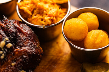 Closeup of roasted grilled whole chicken served at restaurant