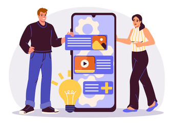 Two people standing beside a large smartphone displaying app interface elements like text, image, and video icons, on a light background. Concept of app development. Vector illustration