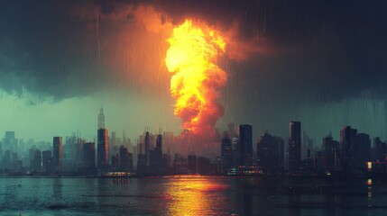 Obraz premium Cityscape Firestorm Rain, urban destruction, apocalypse concept