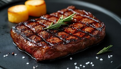 Grilled Ribeye Steak with Rosemary and Baked Potatoes on a Dark Plate Closeup