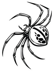 Stylized black and white spider drawing with unique 
patterns