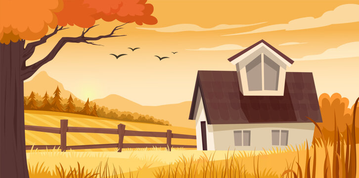Cozy countryside house in autumn field with tree, flying birds, mountains and warm sky, flat cartoon style on soft orange background. Concept of rural living. Vector illustration