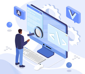 Software developer standing in front of large computer screen displaying code with magnifying glass, gear icons in flat style. Concept of coding, software development. Vector illustration