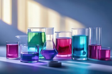 Assortment of laboratory glassware filled with vibrant colored liquids under soft sunlight.