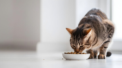 A cat eating food on a white background with Copy Space