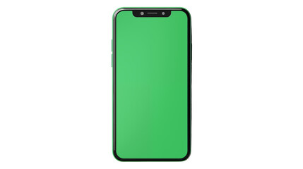 Isolated smartphone with a green screen display for chroma key compositing against black backdrop