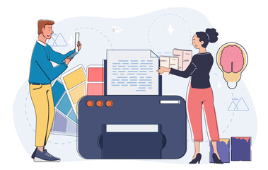 Two people working with a printer, color swatches, and documents, cartoon style on a light background. Concept of teamwork and creative printing. Vector illustration
