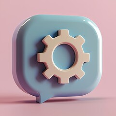 A glossy light blue speech bubble with a cream-colored gear icon, symbolizing communication and settings.