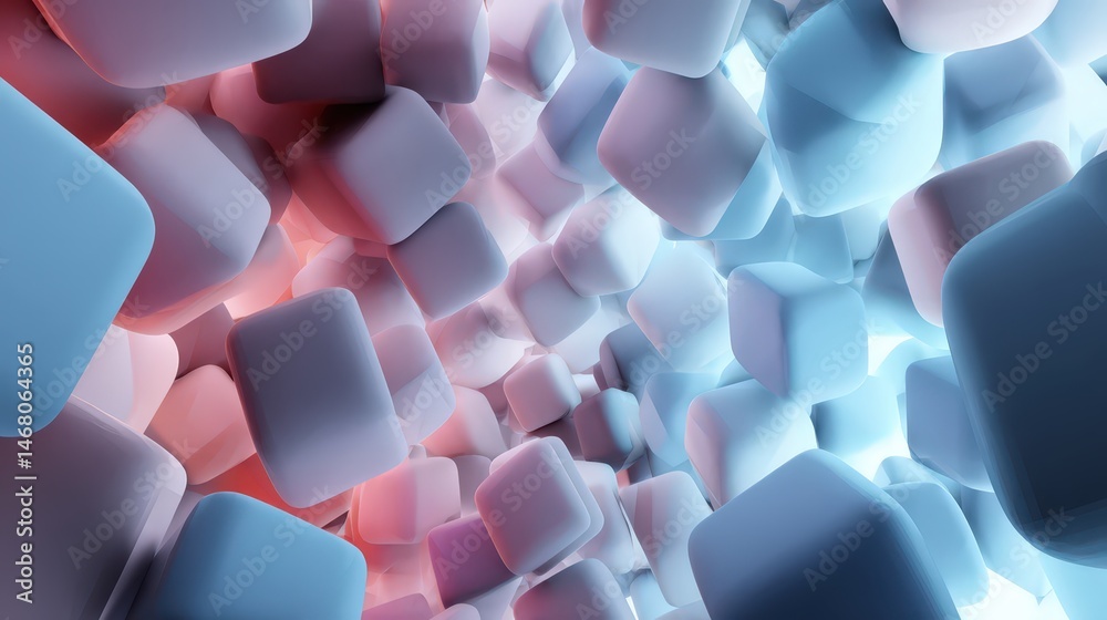 Poster Abstract background of soft puffy cubes floating in space. Concept of data flow, cloud computing, modern technology for design and web banner.