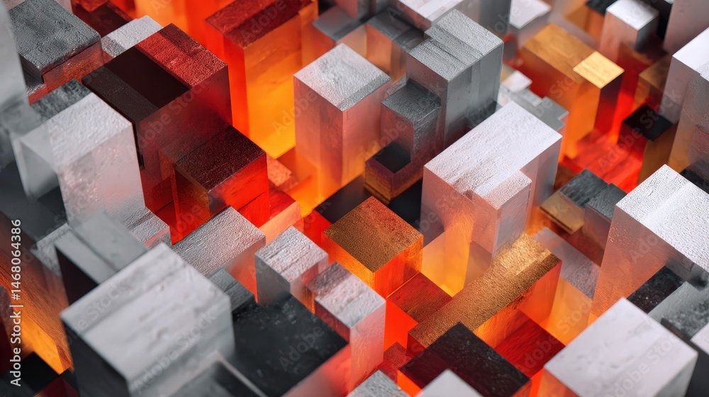 Poster Abstract rendering of red and white cubes creating a cityscape structure. Conceptual art representing data visualization and technology background for presentations.