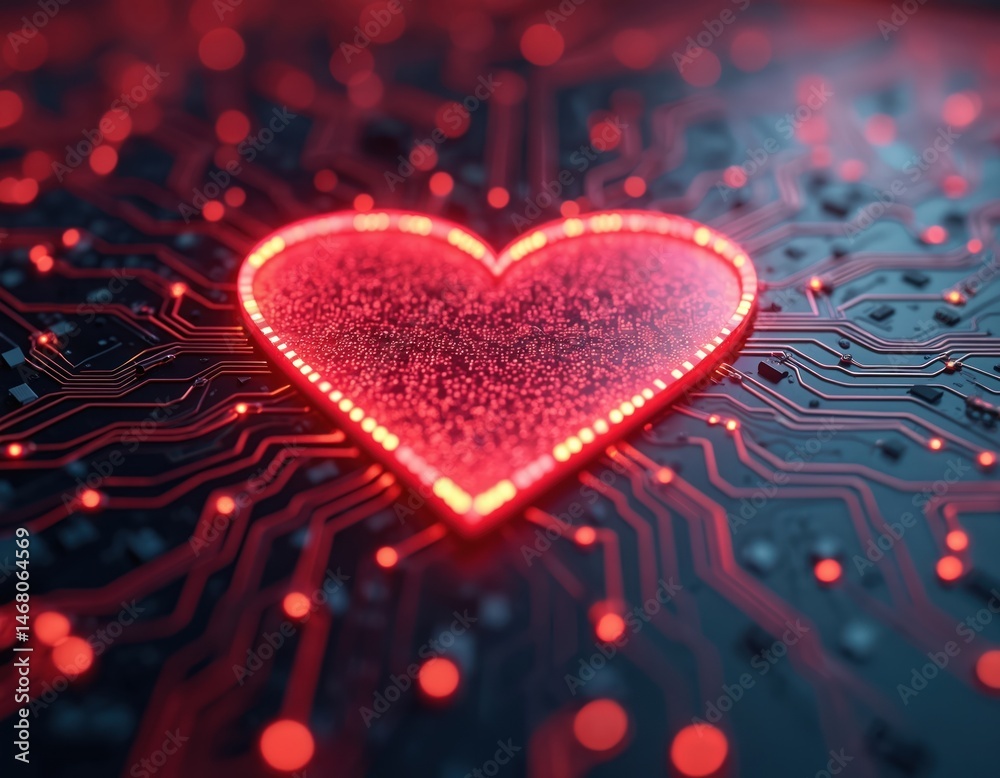 Poster digital circuit board in heart shape with glowing red details, cyber love concept. electronic mother