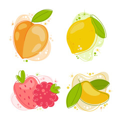 Peach, Lemon, Berries, Mango. The illustration is playful and bubbly, adorned with whimsical accents. The color scheme features soft yellows, pinks, and greens, creating a joyful and summery mood