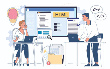 Developers collaborating on HTML coding at desks with laptops, digital screens showing code, interface elements. Concept of teamwork in web development. Flat cartoon vector illustration