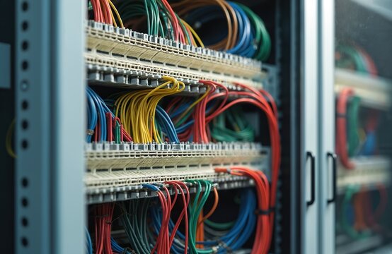 Close-up view internal structure of telecommunication server rack. Colorful patch panel with multiple cables, wires, connections for network, data transmission, data center.
