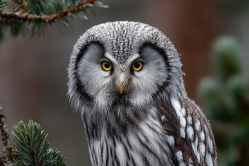 Naklejka premium Eastern gray owl perched on a pine branch against a blurred forest background during the early morning light