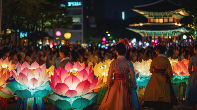 A colossal, illuminated golden dragon lantern towers over a city street at night, with a trail of smaller lotus lanterns, as part of a vibrant festival parade watched by a crowd