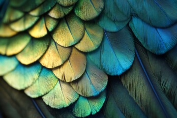 Beautifully vibrant feathers glimmering in sunlight with blue, green, and gold tones