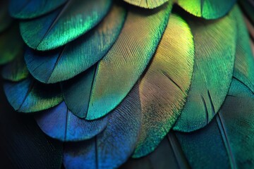 Vibrant iridescent feathers display a mesmerizing array of colors reflecting light in a close-up view of nature’s artistry