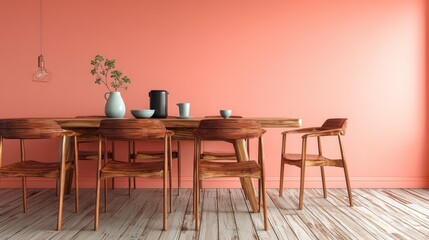 Coral-walled dining room, wooden table, chairs, minimalist decor
