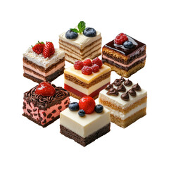 Assorted Delicious Mini Cakes with Fresh Berries and Chocolate