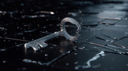 A metallic key rests on a dark, fractured surface.