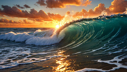 Le soleil se couche derrière la vague