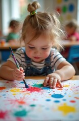 Child paints with brush on white paper. Preschool kid in striped shirt makes art. Art class in elementary school. Joyful moments of creativity focus. Playful activity for early education.