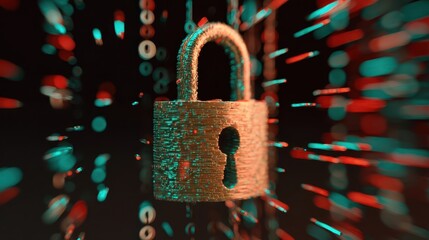 Digital lock surrounded by abstract data points.